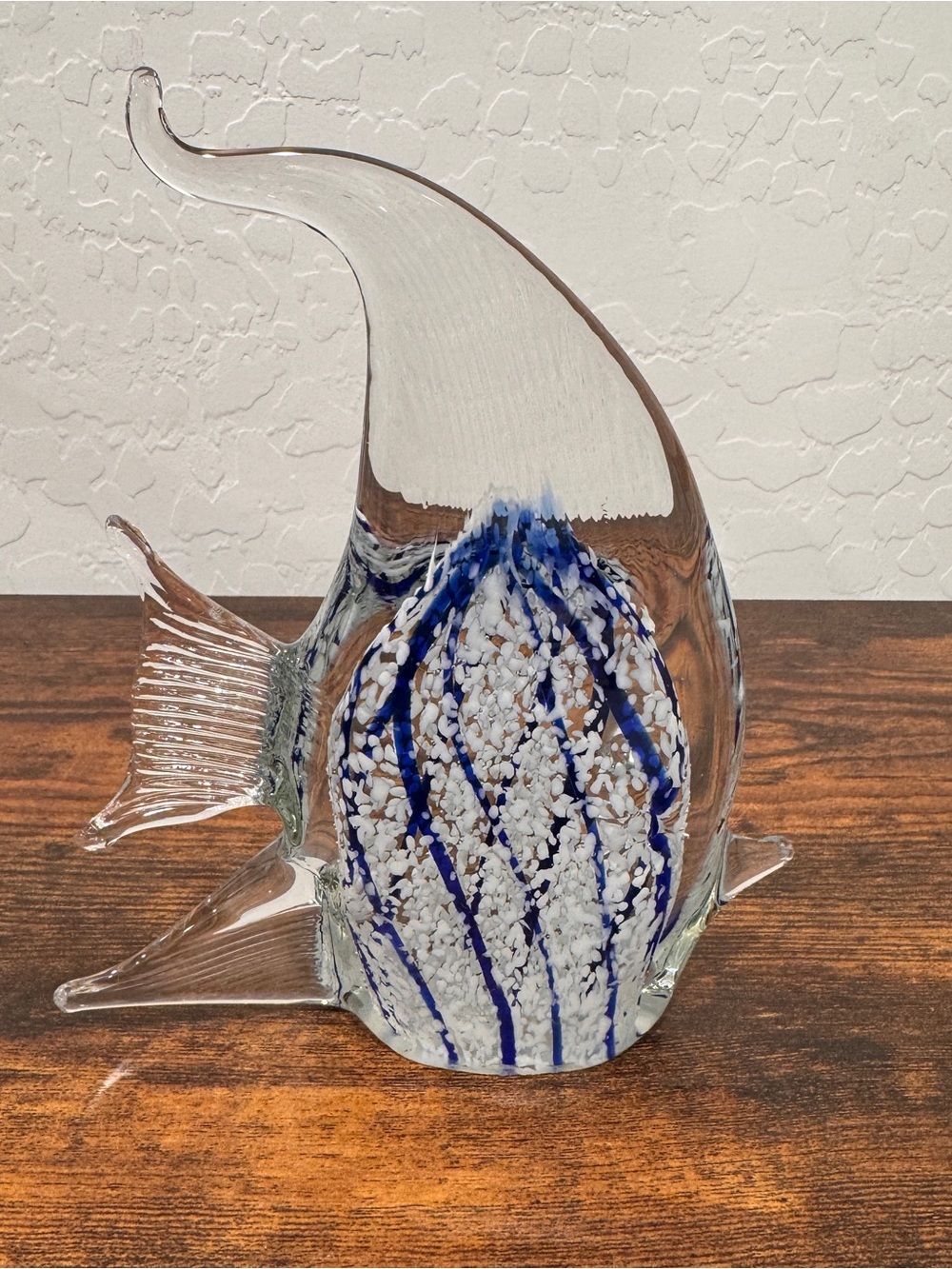 Blown Art Glass Fish Sculpture Blue and White 7” Paperweight Coastal Beach House